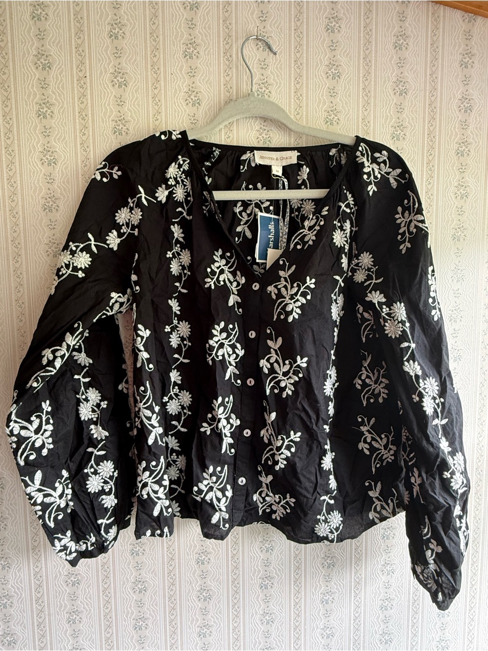 Jennifer & Grace Embroidered Boho Blouse | Black/Ivory | Size M | NWT